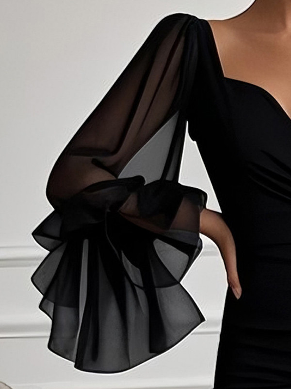 Zipper Split-side Solid Color Long Sleeves Flared Sleeves V-neck Maxi Dresses