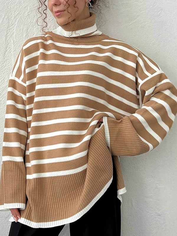 Striped Split-side Split-Joint Loose Long Sleeves High Neck Sweater Tops