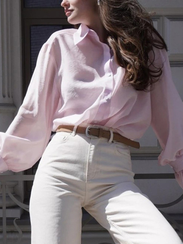 Split-Joint Solid Color Pleated Puff Sleeves Loose Lapel Blouses&shirts Tops