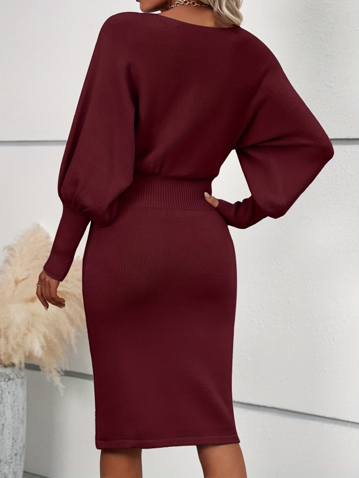 Solid Color Crew Neck Elegant Long Sleeve Cinched Waist Sweater Dress