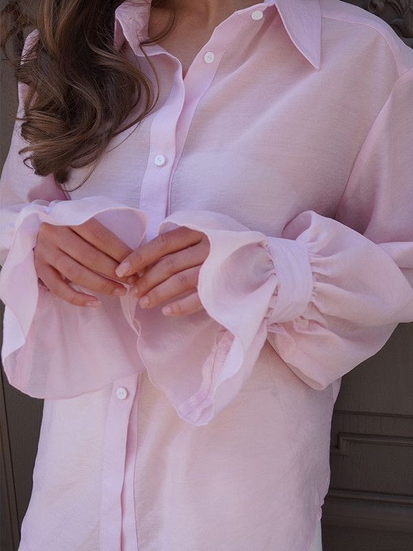 Split-Joint Solid Color Pleated Puff Sleeves Loose Lapel Blouses&shirts Tops