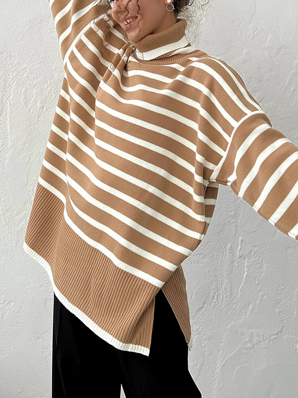 Striped Split-side Split-Joint Loose Long Sleeves High Neck Sweater Tops