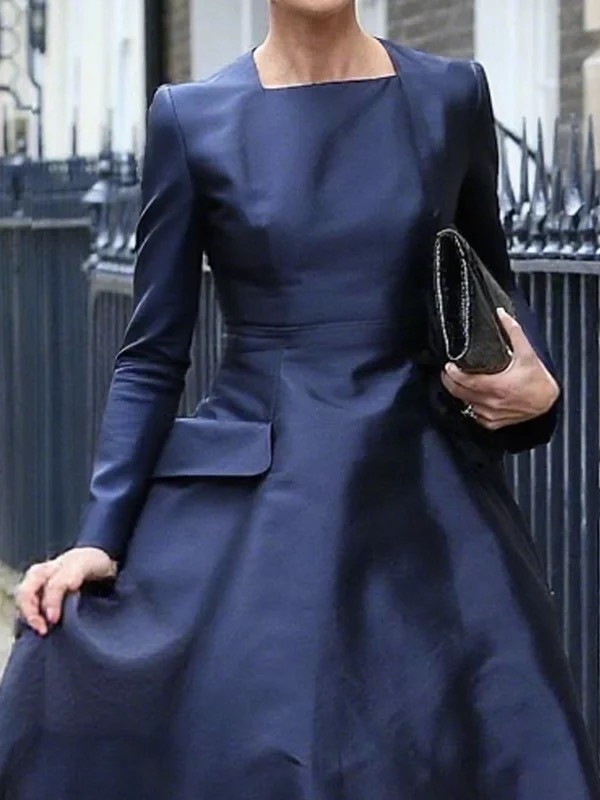 Solid Color Pockets Long Sleeves High Waisted Square-neck Midi Dresses