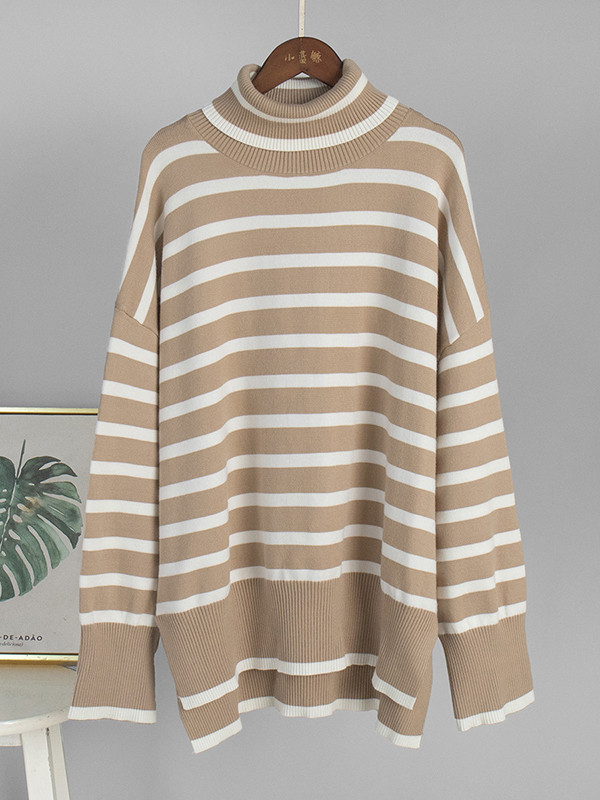 Striped Split-side Split-Joint Loose Long Sleeves High Neck Sweater Tops