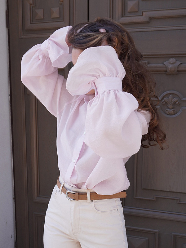 Split-Joint Solid Color Pleated Puff Sleeves Loose Lapel Blouses&shirts Tops