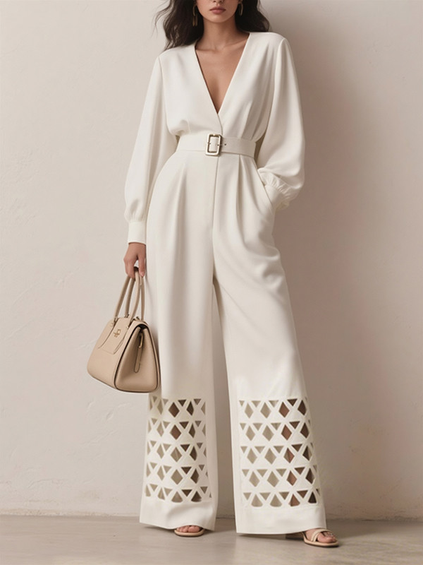 Solid Color Hollow Belted Wide Leg Puff Sleeves Deep V-Neck Jumpsuits