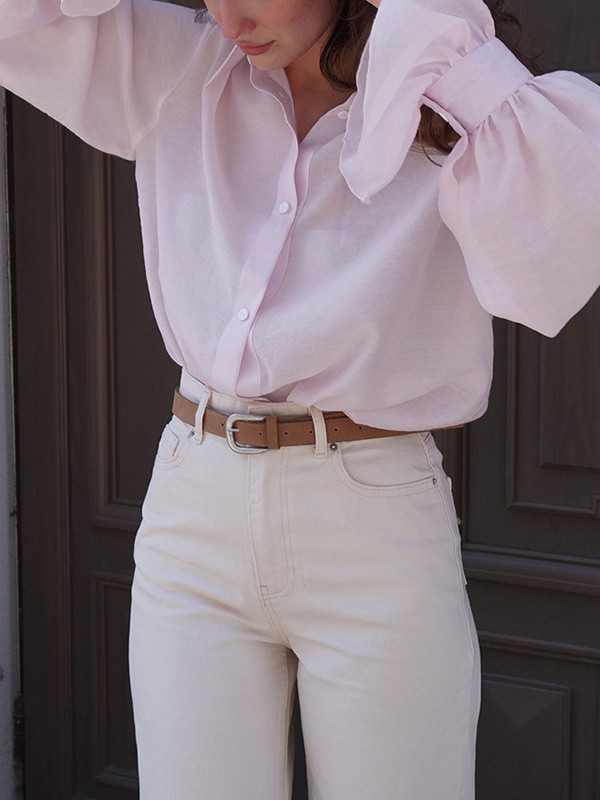 Split-Joint Solid Color Pleated Puff Sleeves Loose Lapel Blouses&shirts Tops