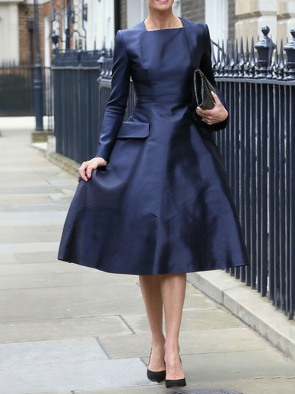 Solid Color Pockets Long Sleeves High Waisted Square-neck Midi Dresses