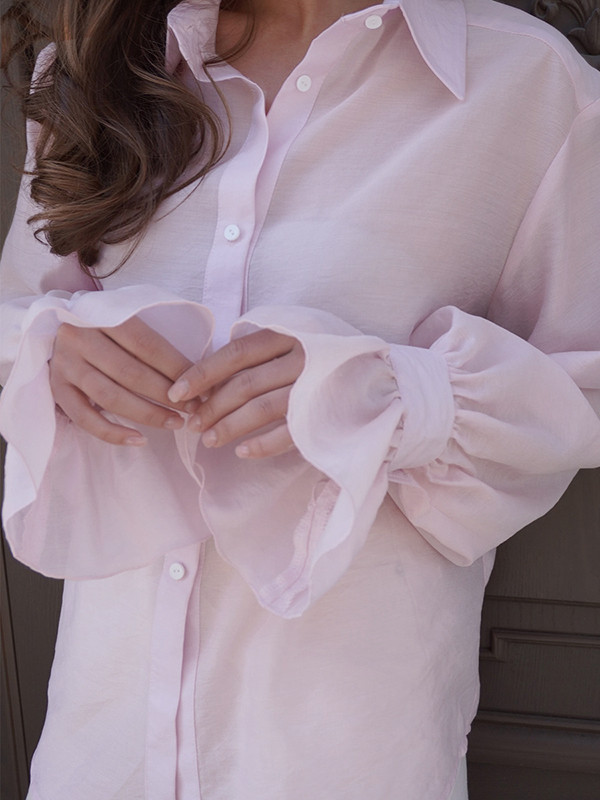 Split-Joint Solid Color Pleated Puff Sleeves Loose Lapel Blouses&shirts Tops