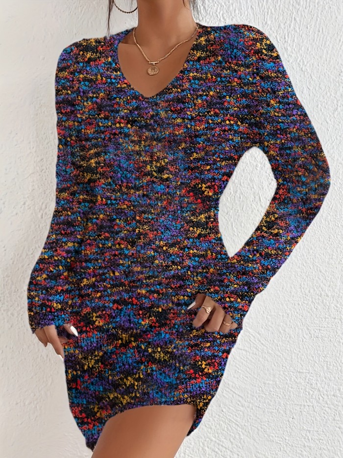 Colorful Dot Pattern V-neck Elegant Long Sleeve Bodycon Knitted Dress For Spring & Fall