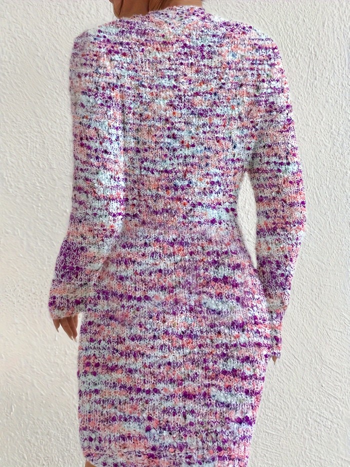 Colorful Dot Pattern V-neck Elegant Long Sleeve Bodycon Knitted Dress For Spring & Fall