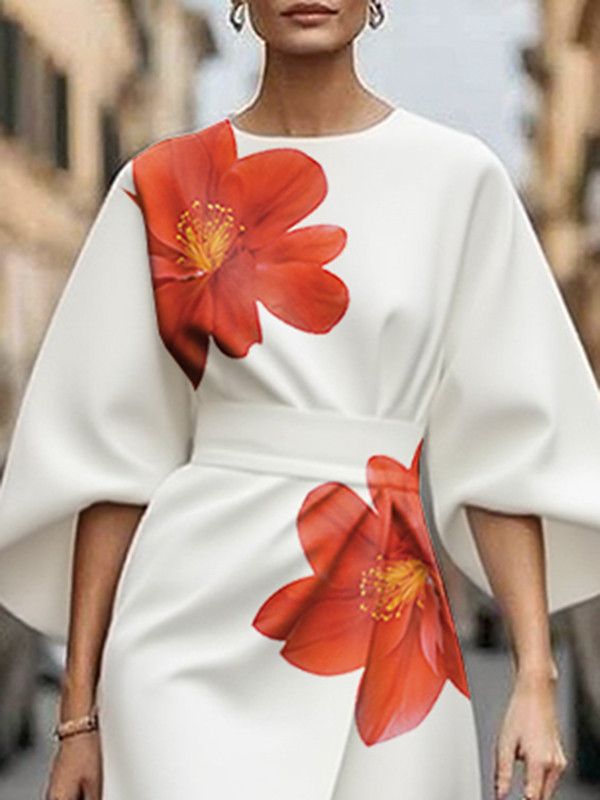 Split-Joint Floral Printed Asymmetric Three-quarter Sleeves Round-neck Midi Dresses