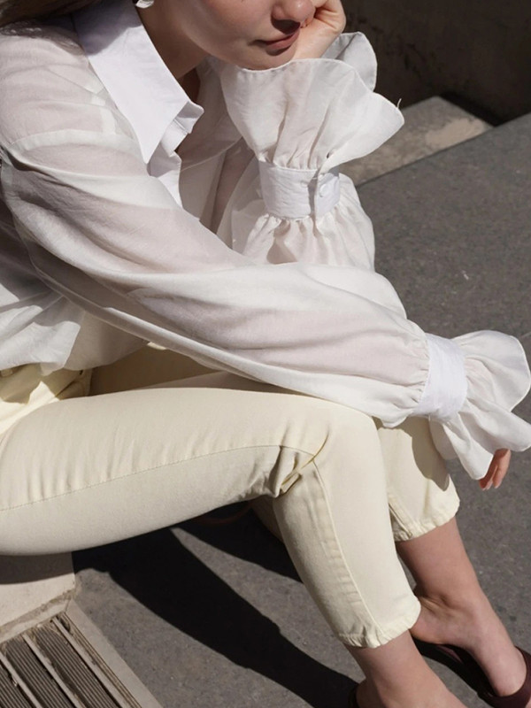 Split-Joint Solid Color Pleated Puff Sleeves Loose Lapel Blouses&shirts Tops