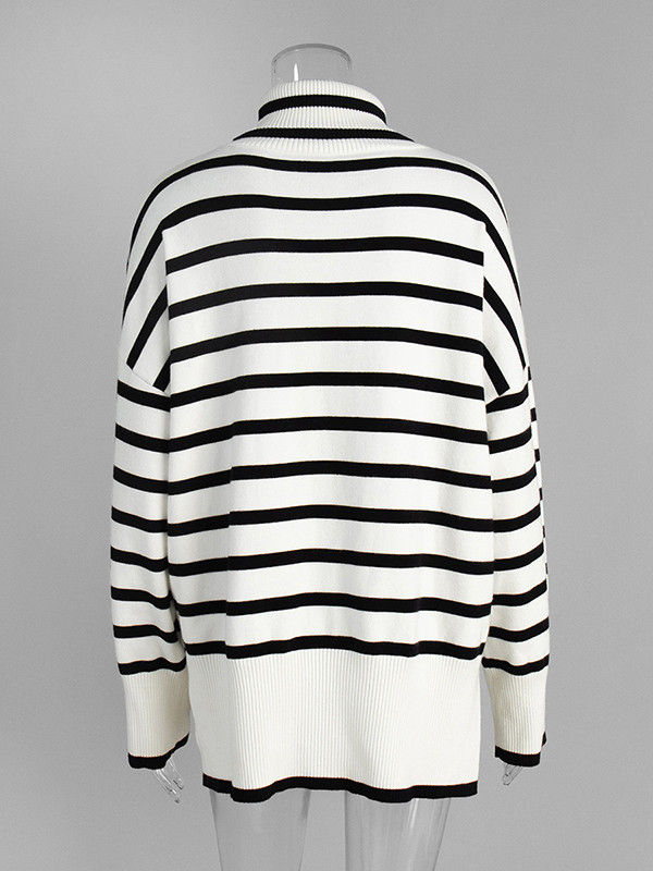 Striped Split-side Split-Joint Loose Long Sleeves High Neck Sweater Tops
