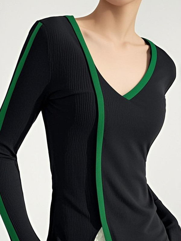 Split-Front Contrast Color Long Sleeves V-Neck Sweater Tops