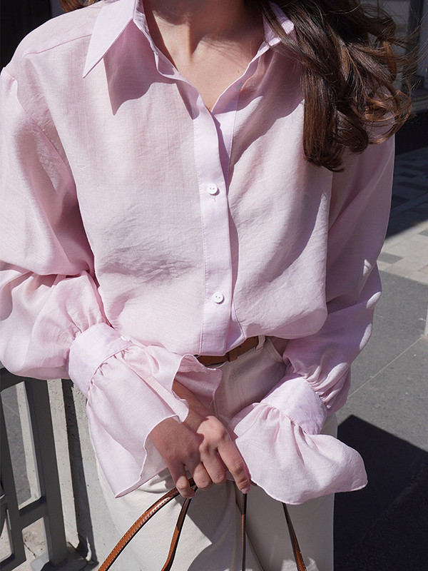 Split-Joint Solid Color Pleated Puff Sleeves Loose Lapel Blouses&shirts Tops