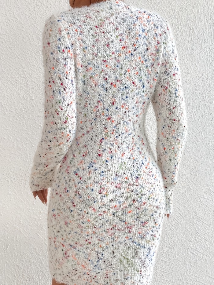 Colorful Dot Pattern V-neck Elegant Long Sleeve Bodycon Knitted Dress For Spring & Fall