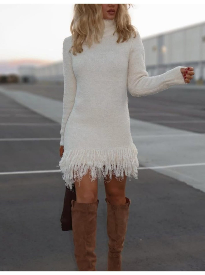 Women's Elegant Chunky Slim Fit Long Sleeve High Neck Mini Sweater Dress