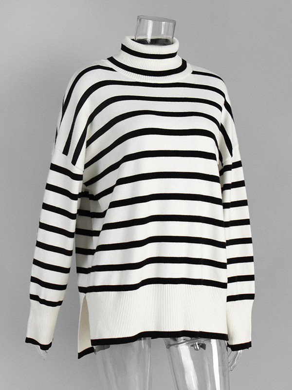 Striped Split-side Split-Joint Loose Long Sleeves High Neck Sweater Tops