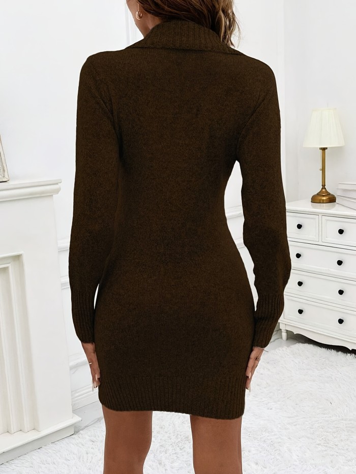 Long Sleeve Mini Bodycon Button Decor Surplice Neck Knitted Dress