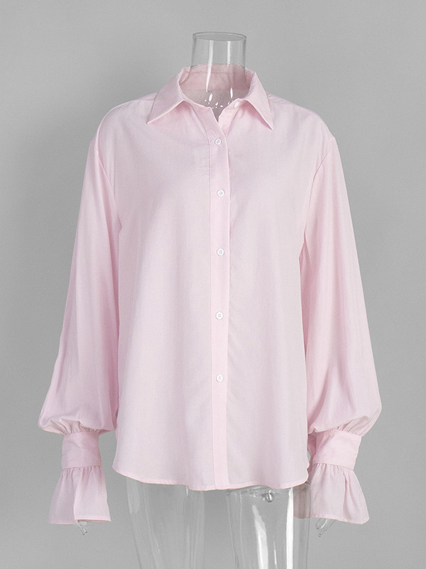 Split-Joint Solid Color Pleated Puff Sleeves Loose Lapel Blouses&shirts Tops