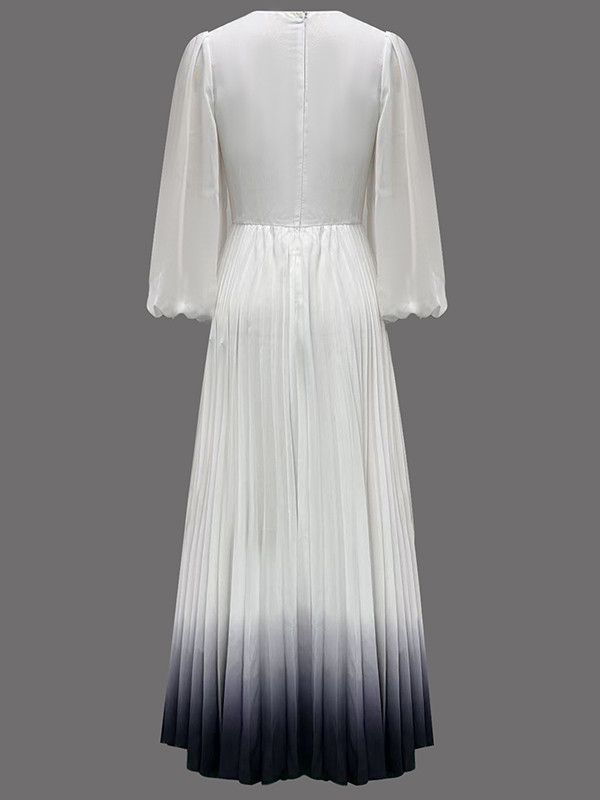 Pleated Gradient Puff Sleeves Loose V-Neck Maxi Dresses