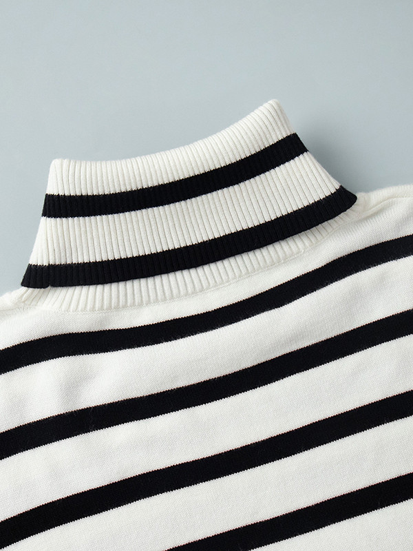 Striped Split-side Split-Joint Loose Long Sleeves High Neck Sweater Tops