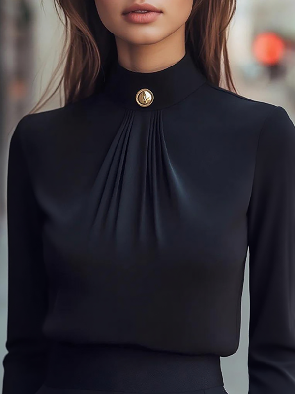 Solid Color Pleated Buttoned Long Sleeves Mock Neck Blouses&Shirts Tops