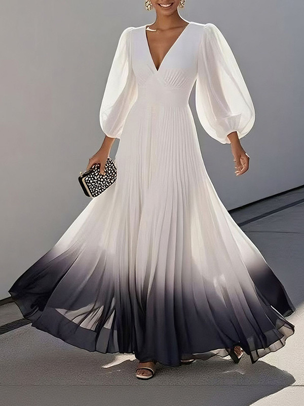 Pleated Gradient Puff Sleeves Loose V-Neck Maxi Dresses