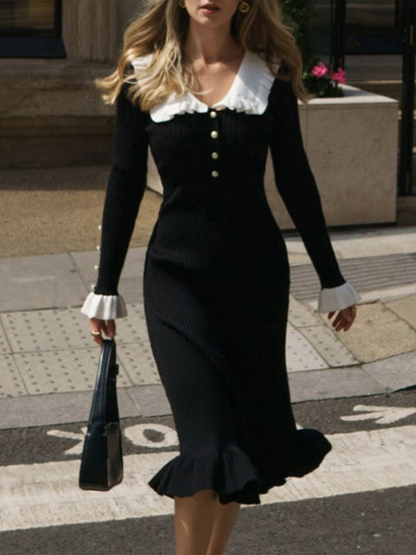 Split-Joint Ruffled Pleated Long Sleeves Peter Pan Collar Sweater Dresses Midi Dresses