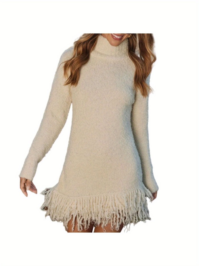 Women's Elegant Chunky Slim Fit Long Sleeve High Neck Mini Sweater Dress