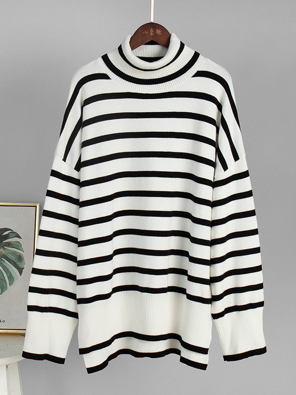 Striped Split-side Split-Joint Loose Long Sleeves High Neck Sweater Tops