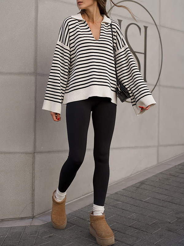 Striped Split-Joint Loose Long Sleeves V-neck Sweater Tops