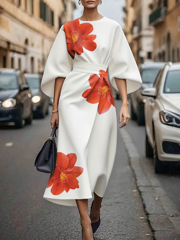 Split-Joint Floral Printed Asymmetric Three-quarter Sleeves Round-neck Midi Dresses