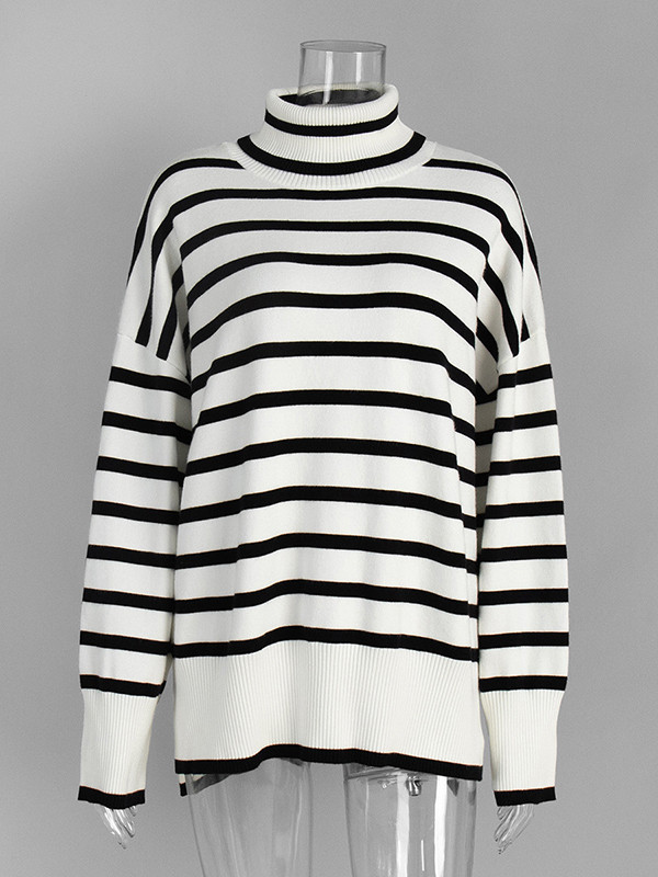 Striped Split-side Split-Joint Loose Long Sleeves High Neck Sweater Tops