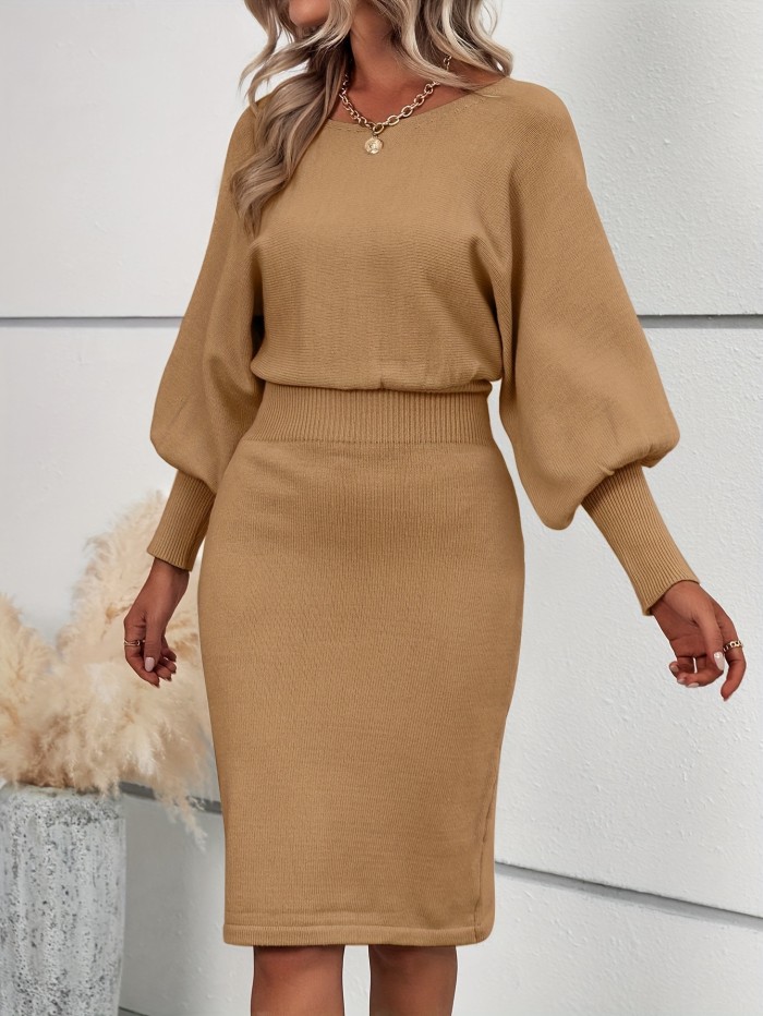 Solid Color Crew Neck Elegant Long Sleeve Cinched Waist Sweater Dress