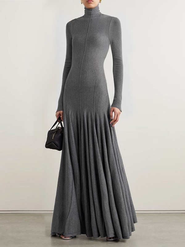 Solid Color Skinny Long Sleeves High Neck Maxi Dresses