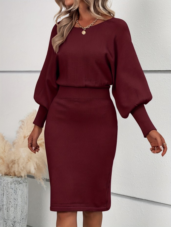 Solid Color Crew Neck Elegant Long Sleeve Cinched Waist Sweater Dress