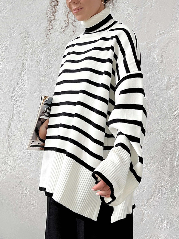 Striped Split-side Split-Joint Loose Long Sleeves High Neck Sweater Tops