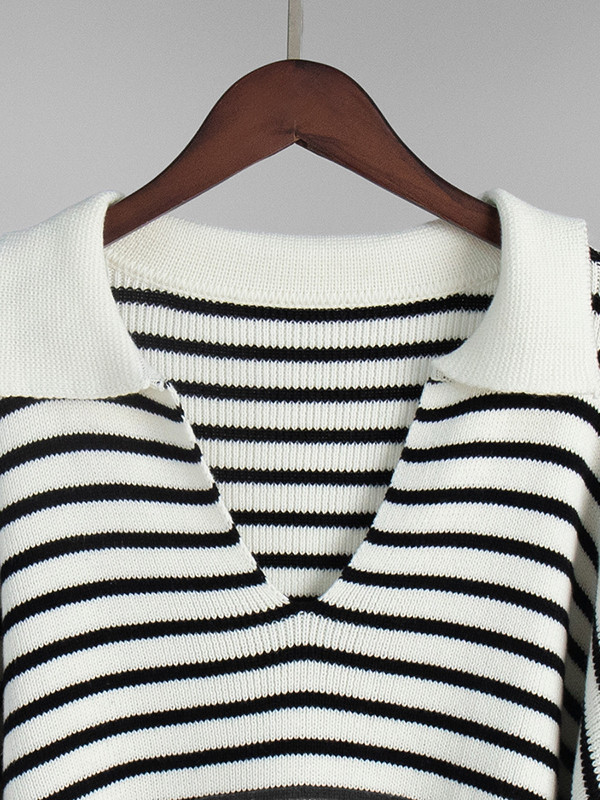 Striped Split-Joint Loose Long Sleeves V-neck Sweater Tops