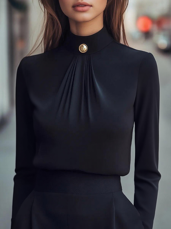 Solid Color Pleated Buttoned Long Sleeves Mock Neck Blouses&Shirts Tops