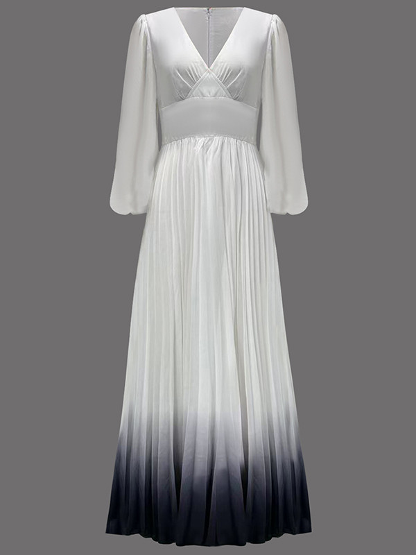 Pleated Gradient Puff Sleeves Loose V-Neck Maxi Dresses