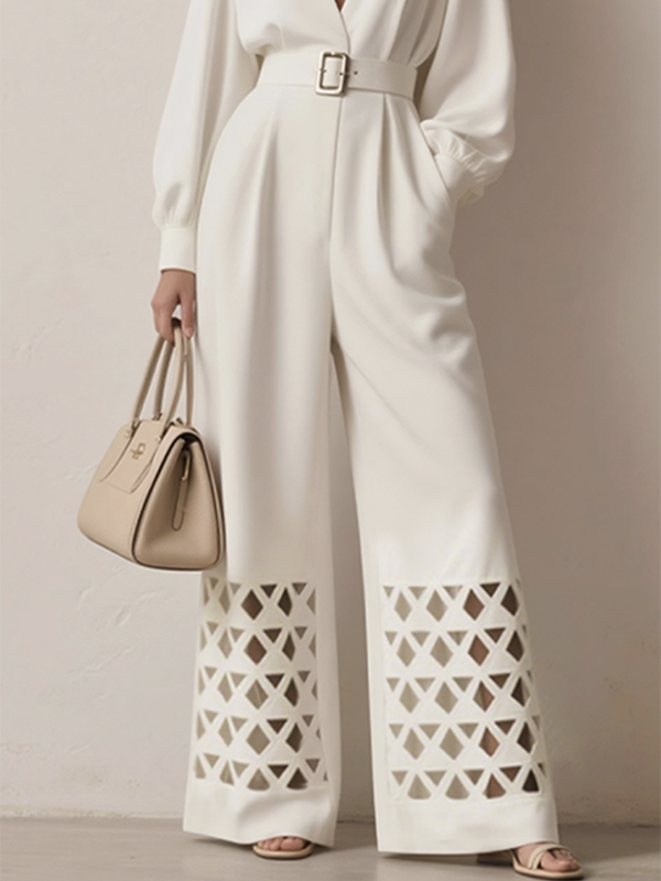 Solid Color Hollow Belted Wide Leg Puff Sleeves Deep V-Neck Jumpsuits