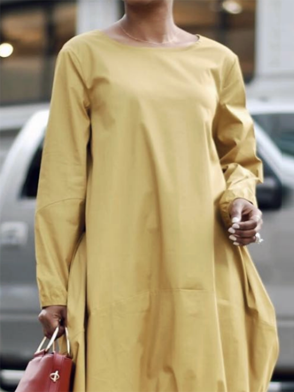 Solid Color Long Sleeves Round-Neck Midi Dresses
