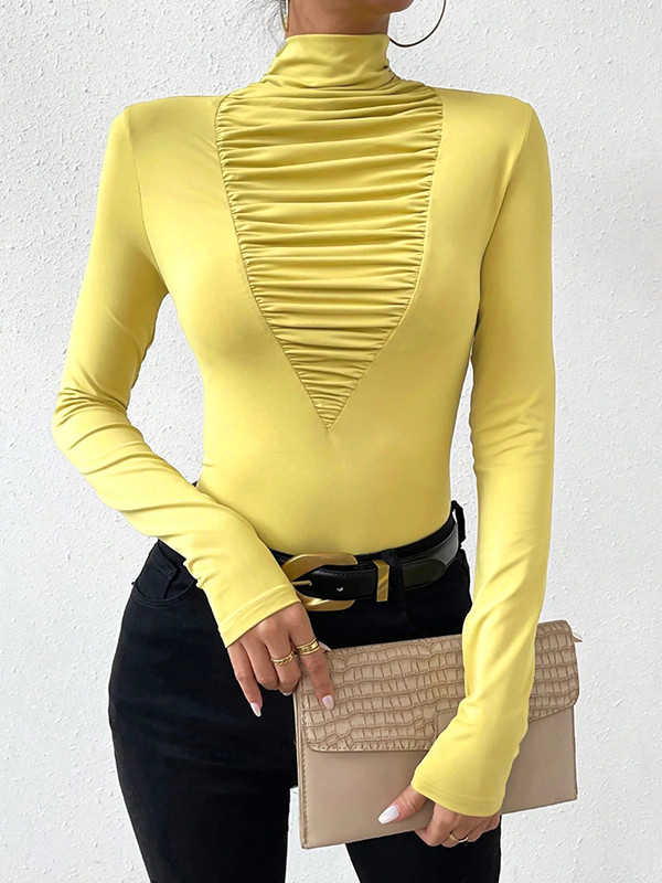 Split-Joint Solid Color Pleated Skinny Long Sleeves High Neck T-Shirts Tops