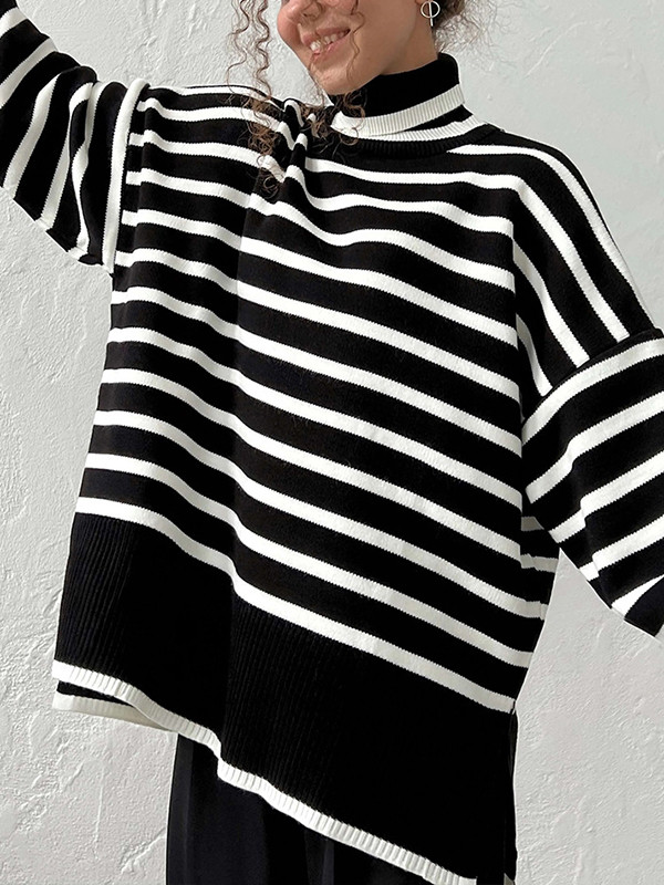 Striped Split-side Split-Joint Loose Long Sleeves High Neck Sweater Tops