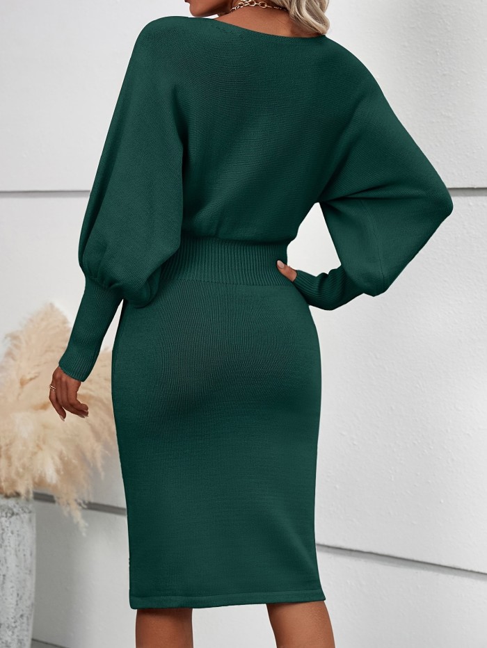 Solid Color Crew Neck Elegant Long Sleeve Cinched Waist Sweater Dress
