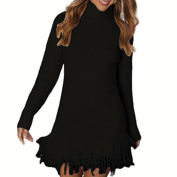 Women's Elegant Chunky Slim Fit Long Sleeve High Neck Mini Sweater Dress