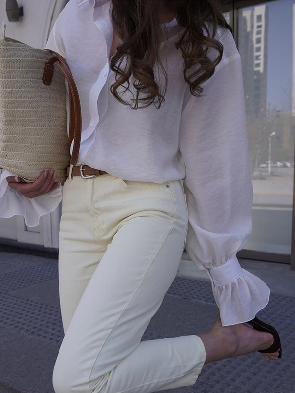 Split-Joint Solid Color Pleated Puff Sleeves Loose Lapel Blouses&shirts Tops