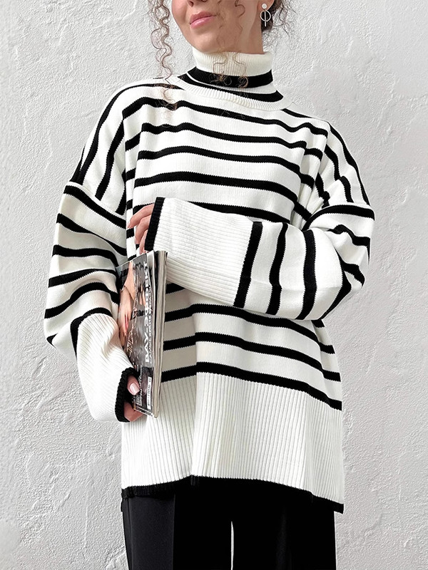 Striped Split-side Split-Joint Loose Long Sleeves High Neck Sweater Tops